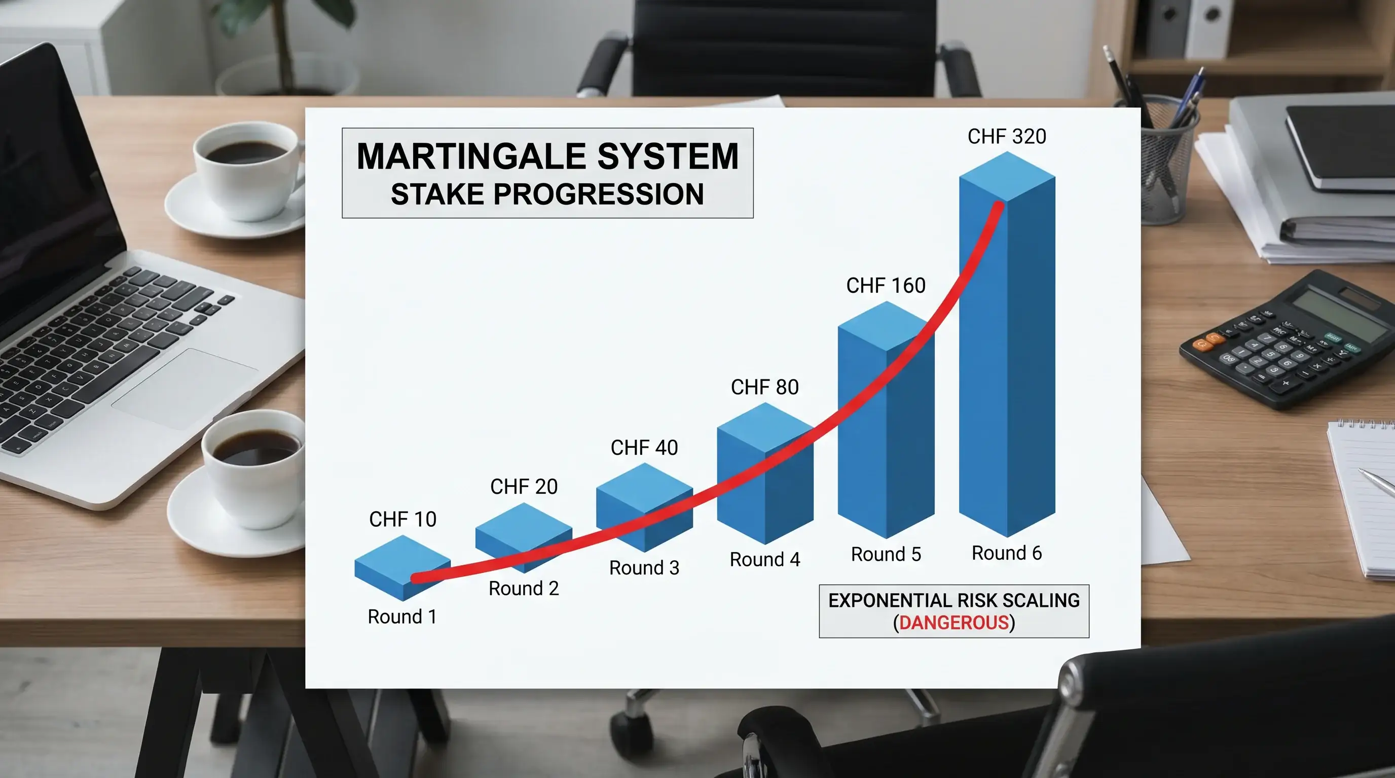 Martingale-System Risiko beim Fussball wetten: exponentielle Verlustprogression nach Verlustserie