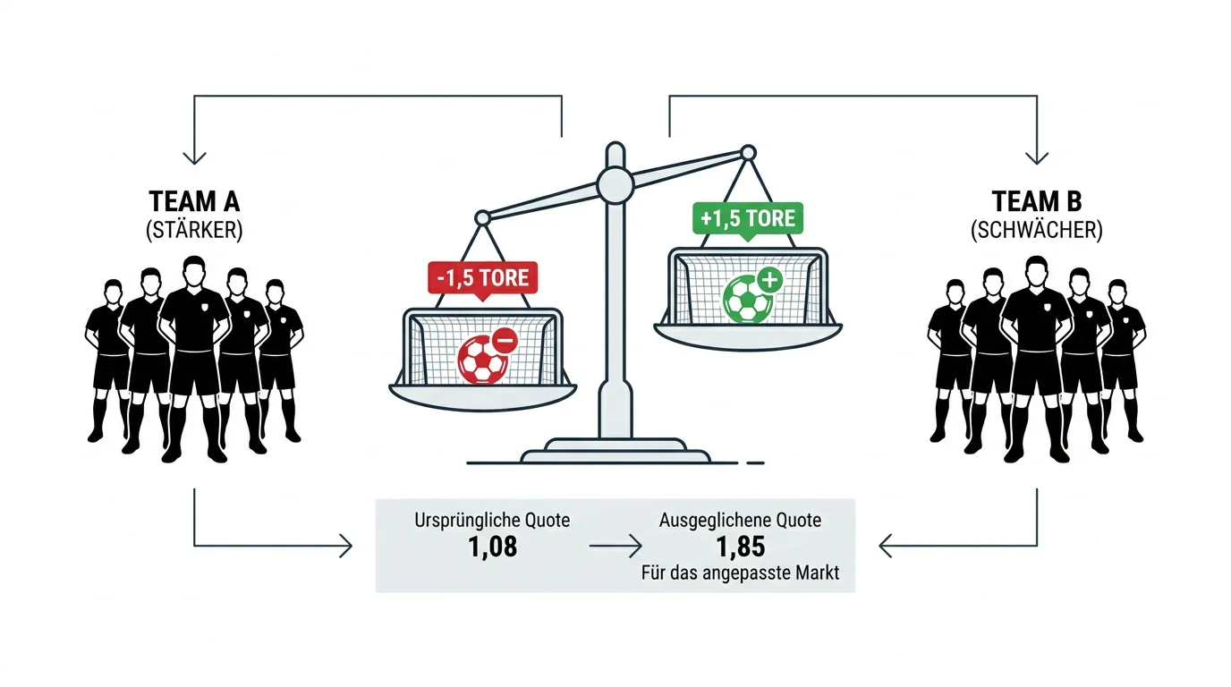 Infografik erklärt Handicap-Wette beim Fussball mit virtuellem Torevorsprung und ausgeglichenen Quoten