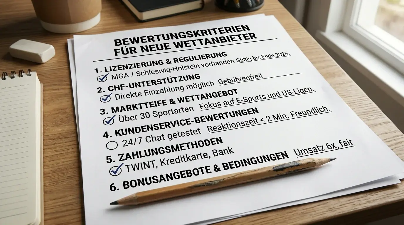 Bewertungskriterien für neue Wettanbieter in der Schweiz: Lizenz, CHF, Markttiefe und Support