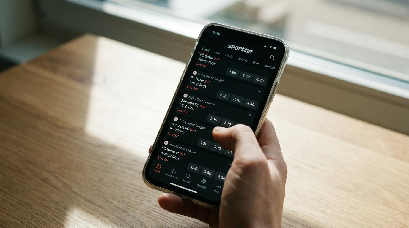 Sporttip mobile App-Ansicht auf dem Smartphone – Fussball-Livewetten und Spielplan in der Übersicht