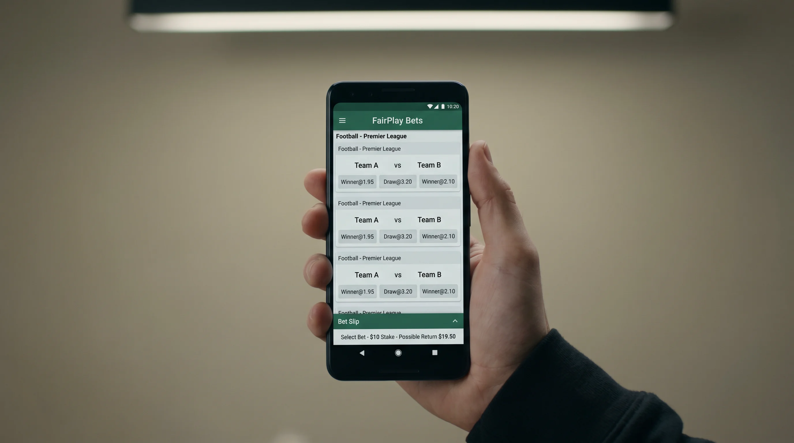 Android-Smartphone zeigt Sportwetten-App mit Fussballmärkten und Quotenvergleich für die Schweiz