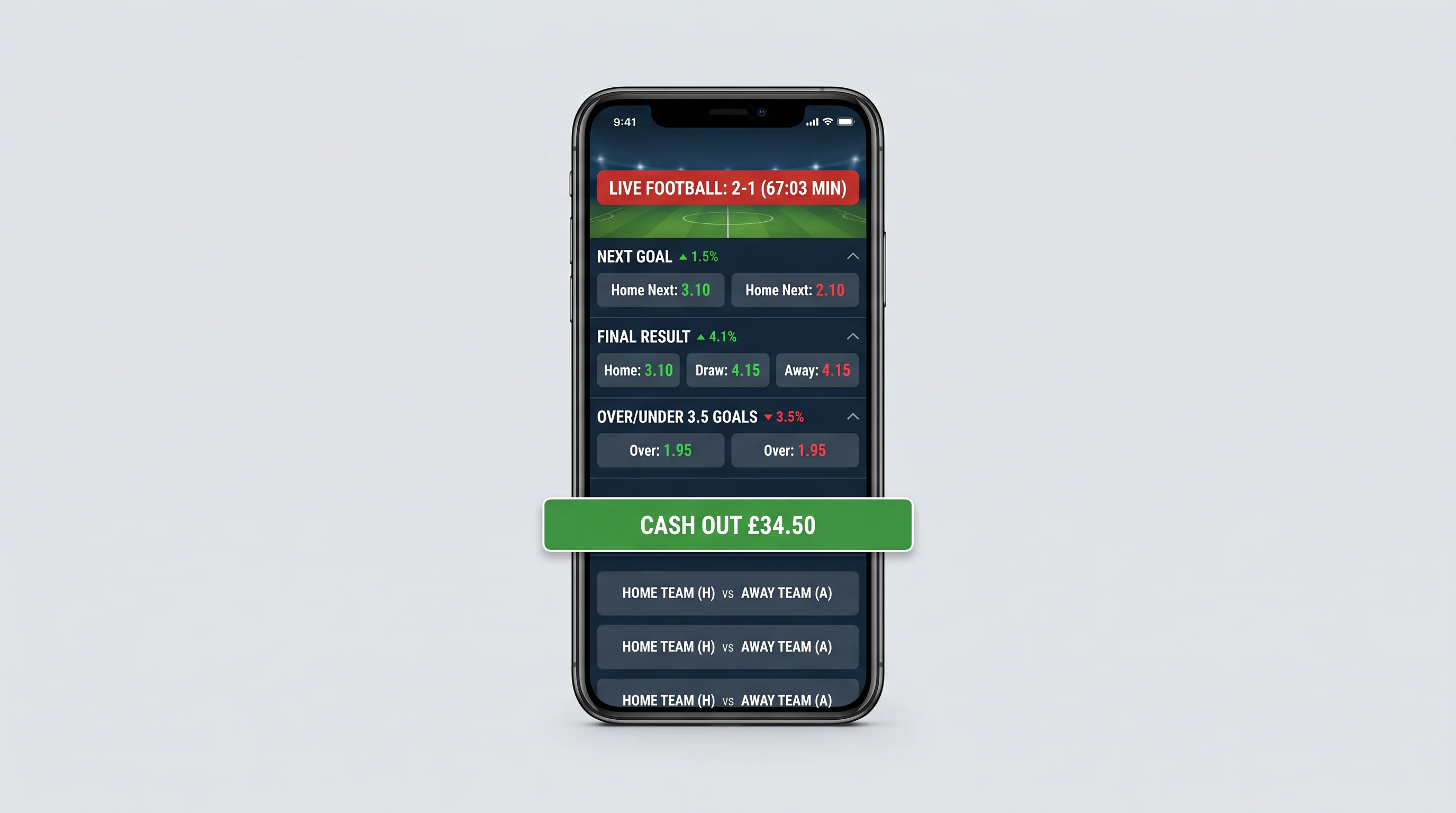 Sportwetten-App Features zeigen Livewetten-Interface mit Cashout-Funktion und Echtzeit-Quoten für Fussball