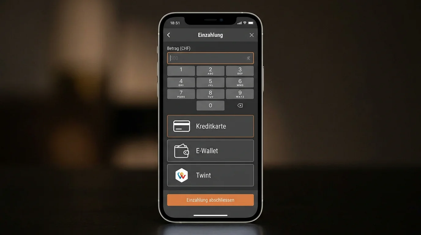 Mobile Einzahlung in CHF bei Schweizer Sportwetten-App zeigt Zahlungsmethoden Twint und Kreditkarte