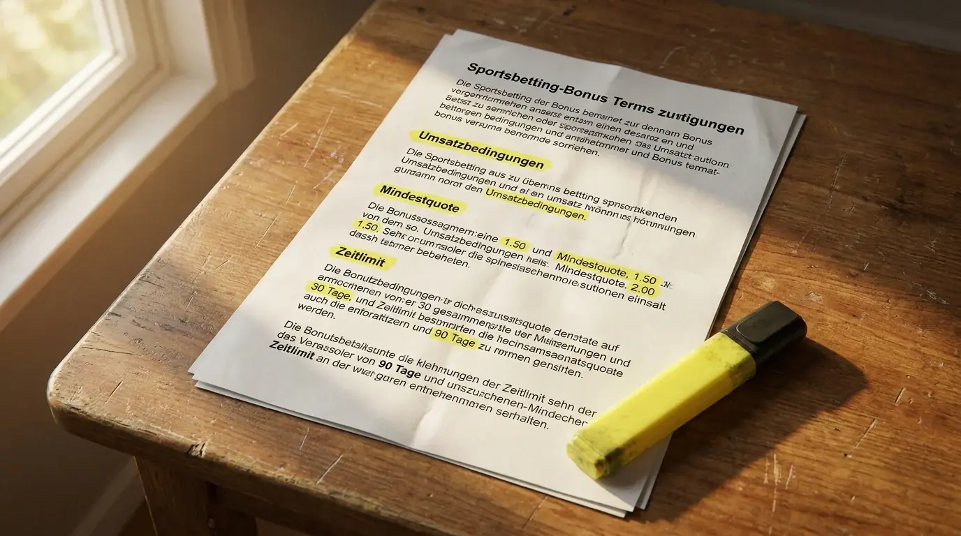 Bonusbedingungen im Kleingedruckten eines Sportwettenanbieters zeigen Umsatzanforderungen und Zeitlimits