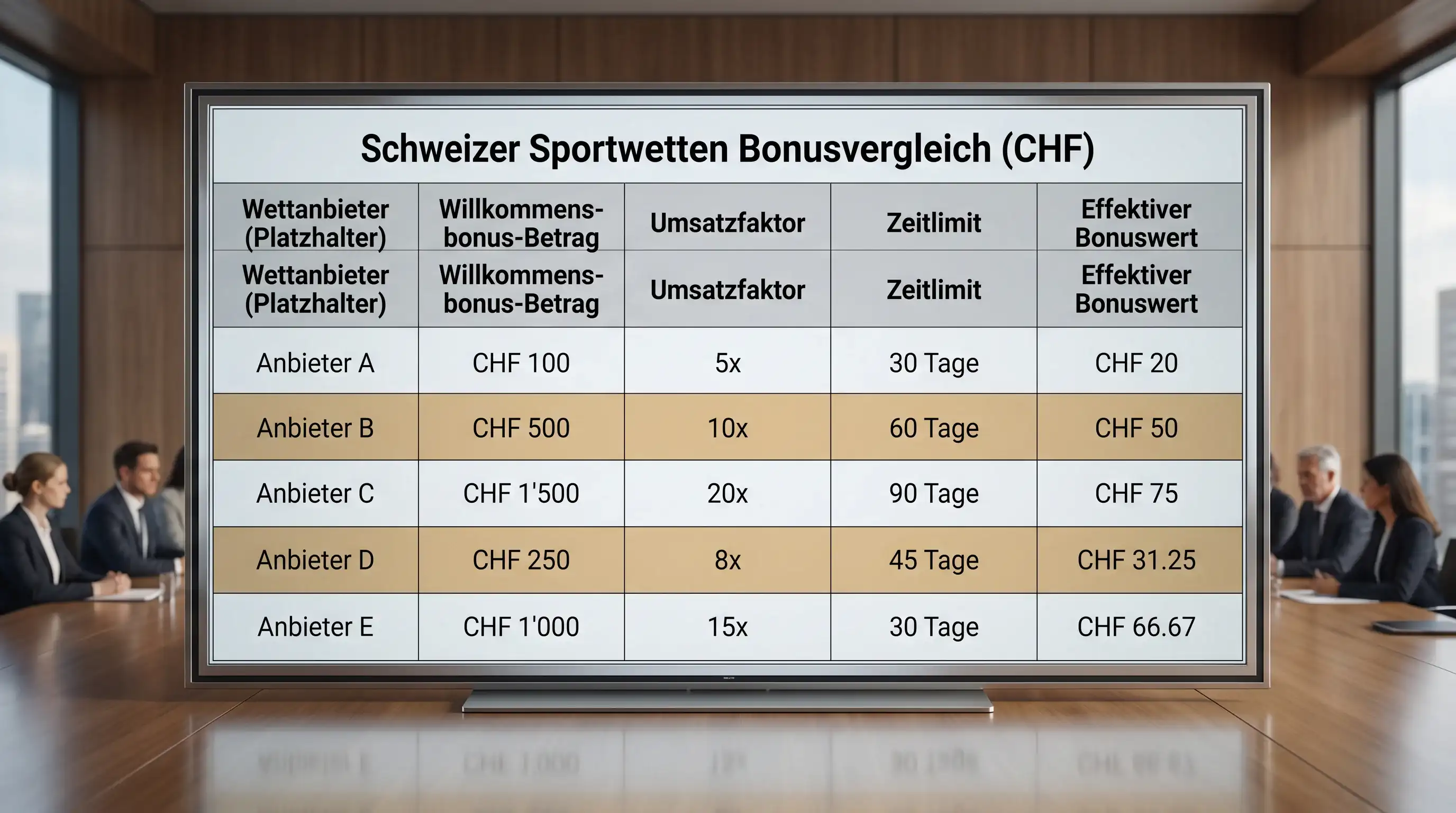 Tabelle vergleicht Sportwetten-Bonusangebote für Schweizer Spieler in CHF mit Umsatzbedingungen 2026