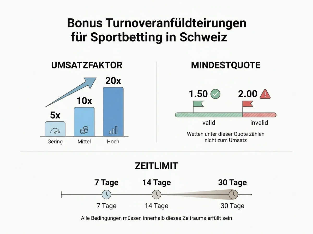 Infografik erklärt Umsatzbedingungen bei Sportwetten Boni mit Faktor Mindestquote und Zeitlimit